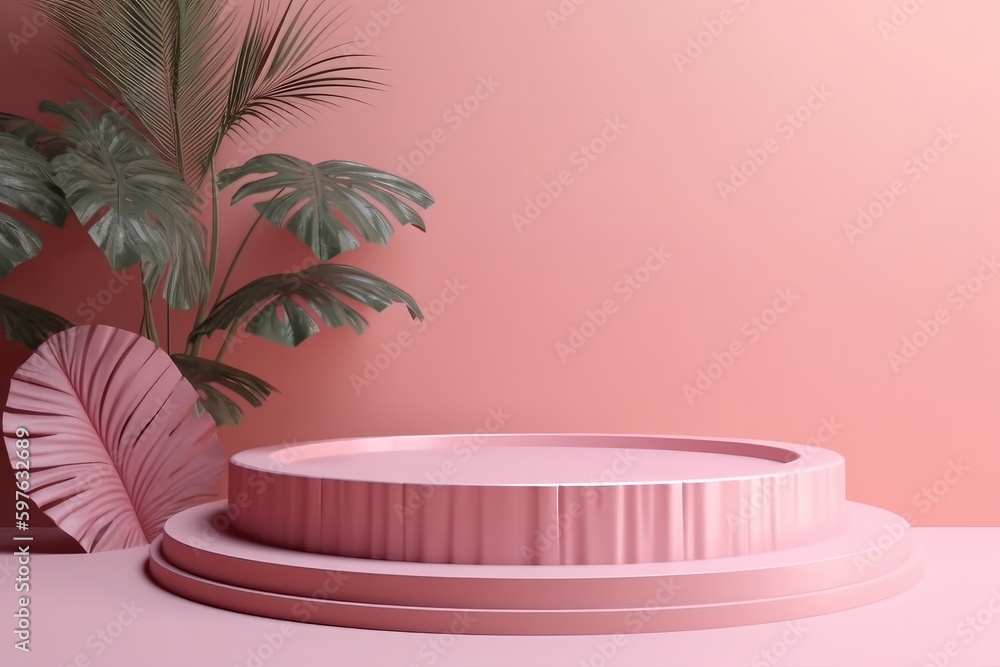 3d render of empty pink empty podium with summer concept for product display, empty space background. Generative AI 3d render of empty pink empty podium with summer concept for product display, empty space background. Generative AI