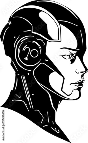 Illustration of woman robot head in black and white style.
