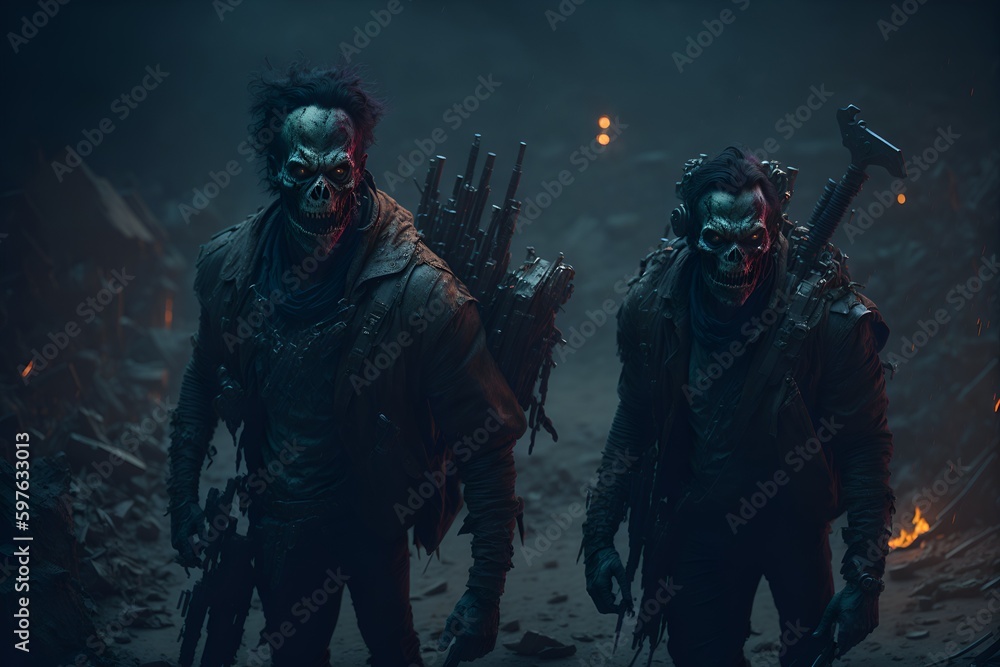 Drawing of a scary zombie, drawn in a cartoon apocalyptic style. The illustration was created using artificial intelligence, a neural network. Character for comic book, poster or movie. Drawing of a scary zombie, drawn in a cartoon apocalyptic style. The illustration was created using artificial intelligence, a neural network. Character for comic book, poster or movie.
