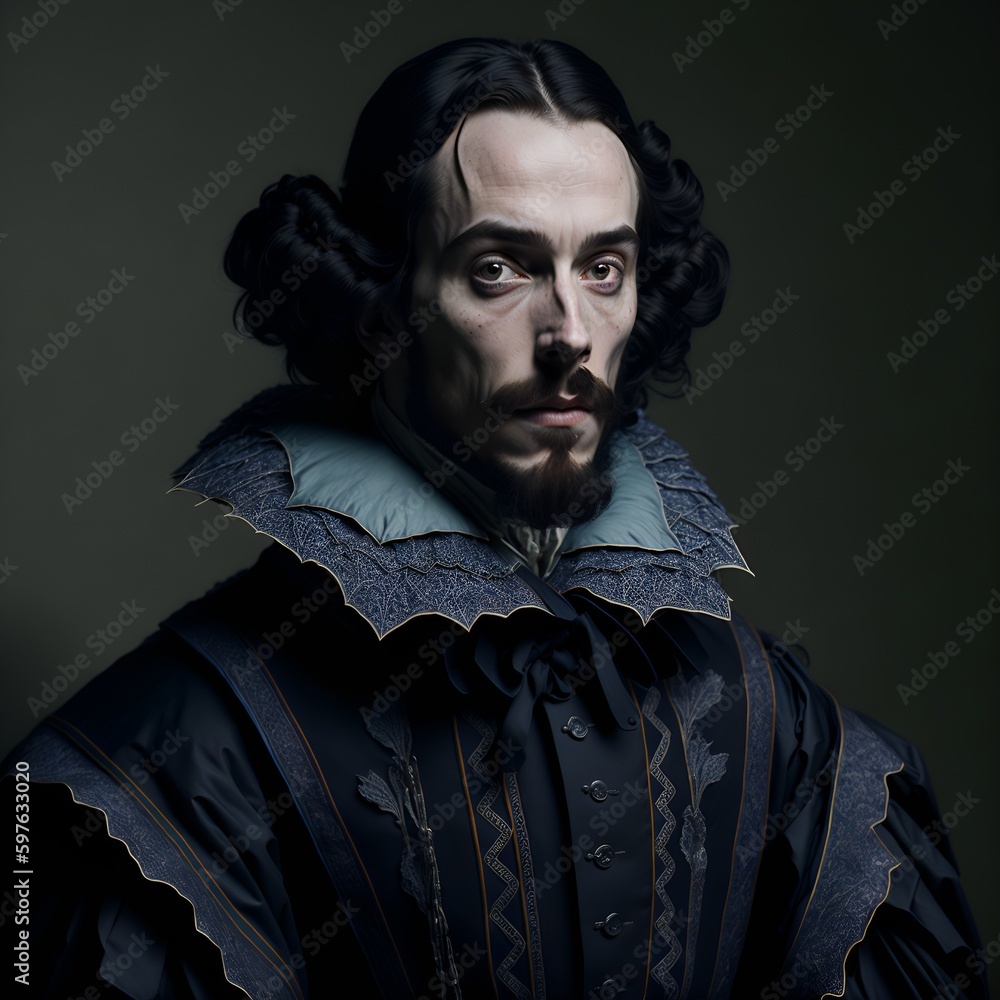 Portrait of a middle-aged man who looks like the English poet and playwright William Shakespeare. The illustration was created using artificial intelligence, a neural network.  