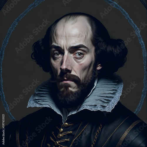 Portrait of a middle-aged man who looks like the English poet and playwright William Shakespeare. The illustration was created using artificial intelligence, a neural network. 