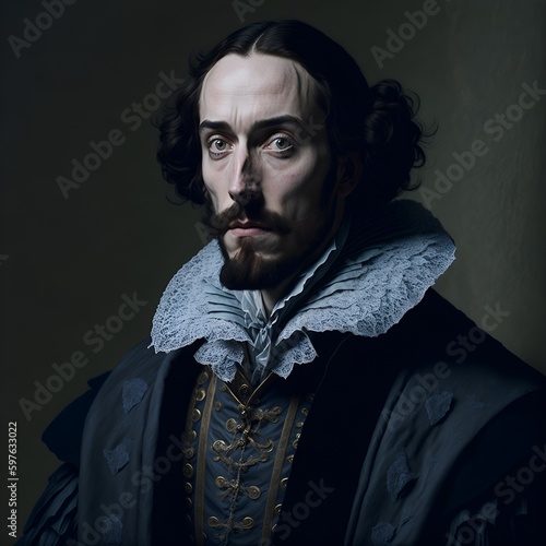Portrait of a middle-aged man who looks like the English poet and playwright William Shakespeare. The illustration was created using artificial intelligence, a neural network.   photo
