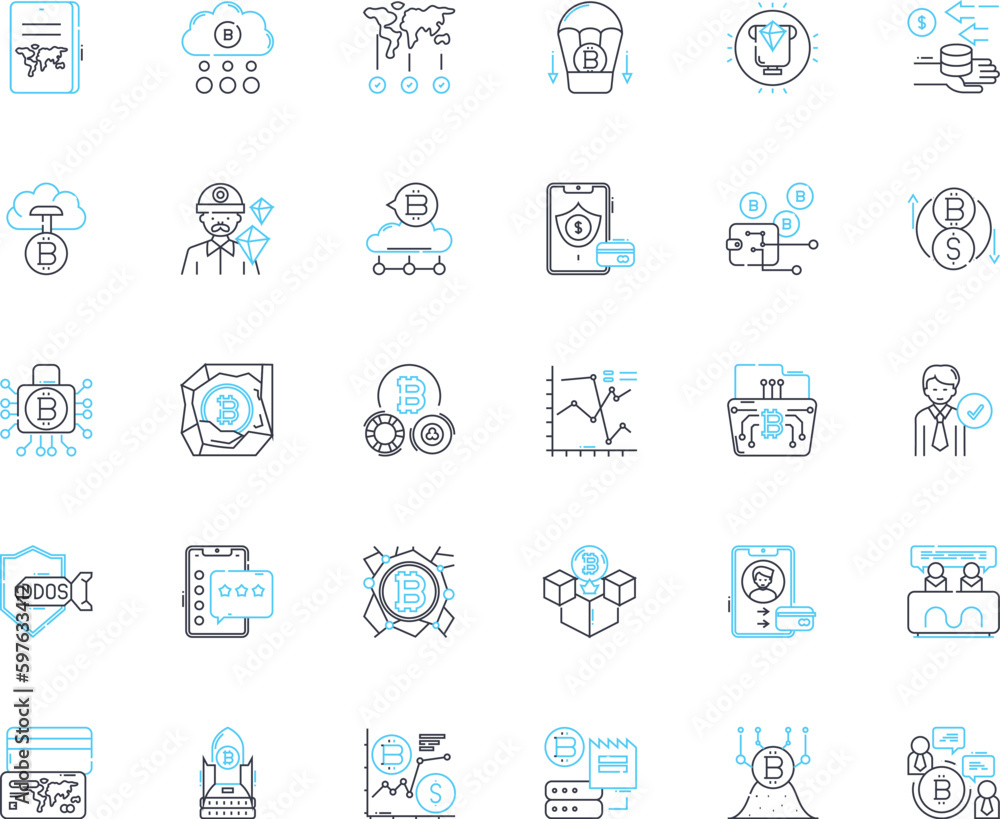 Cryptocurrency trading linear icons set. Bitcoin, Blockchain, Altcoins, HODL, Mining, Wallets, Ethereum line vector and concept signs. Market,ICO,Blockchain technology outline Generative AI
