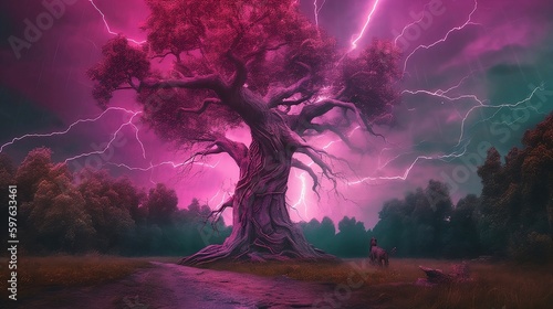 neons an image of a tree in the dark, in the style of light maroon and dark magenta, pensive surrealism, detailed science fiction illustrations, mushroomcore, mind-bending sculptures, spectacular back