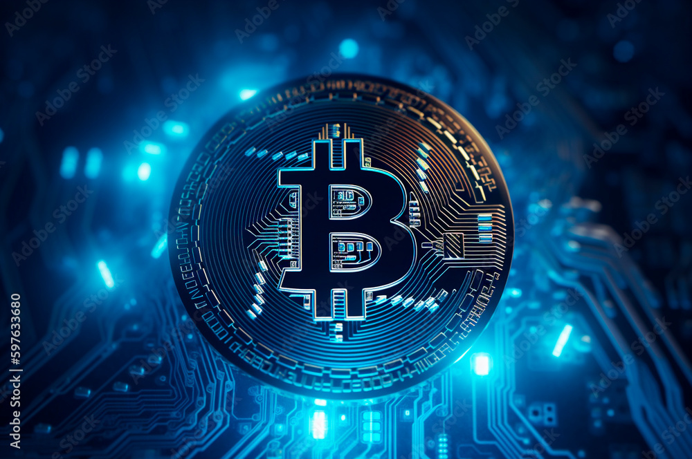 Bitcoin icon blockchain crypto currency digital encryption, technology global network connections background concept. AI Generated