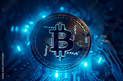 Bitcoin icon blockchain crypto currency digital encryption, technology global network connections background concept. AI Generated