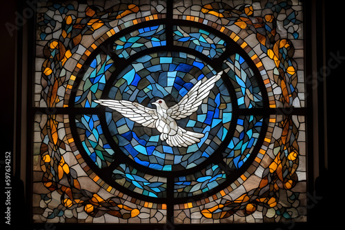 stained glass window with dove shape, Pentecost