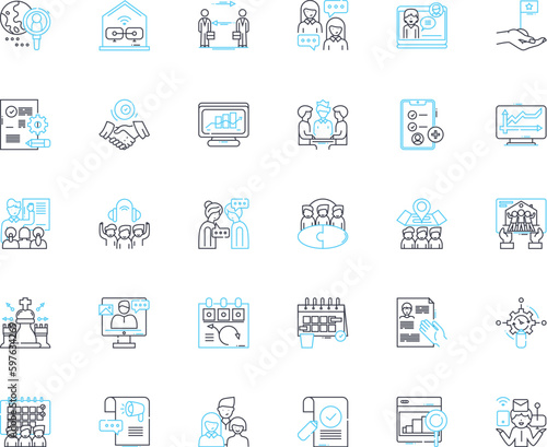 Company gathering linear icons set. Team-building, Nerking, Retreat, Celebration, Collaboration, Engagement, Conference line vector and concept signs. Congregation,Meetup,Assembly Generative AI