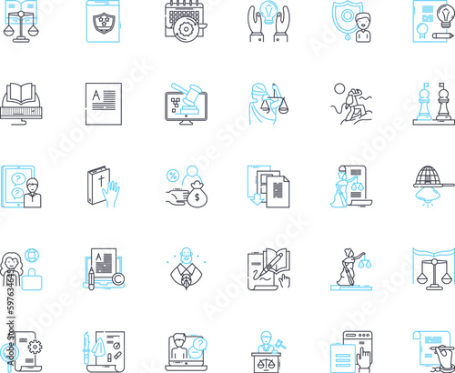 Court authority linear icons set. Jurisdiction, Judge, Judicial, Ruling, Order, Verdict, Bench line vector and concept signs. Trial,Hearing,Adjudication outline illustrations Generative AI