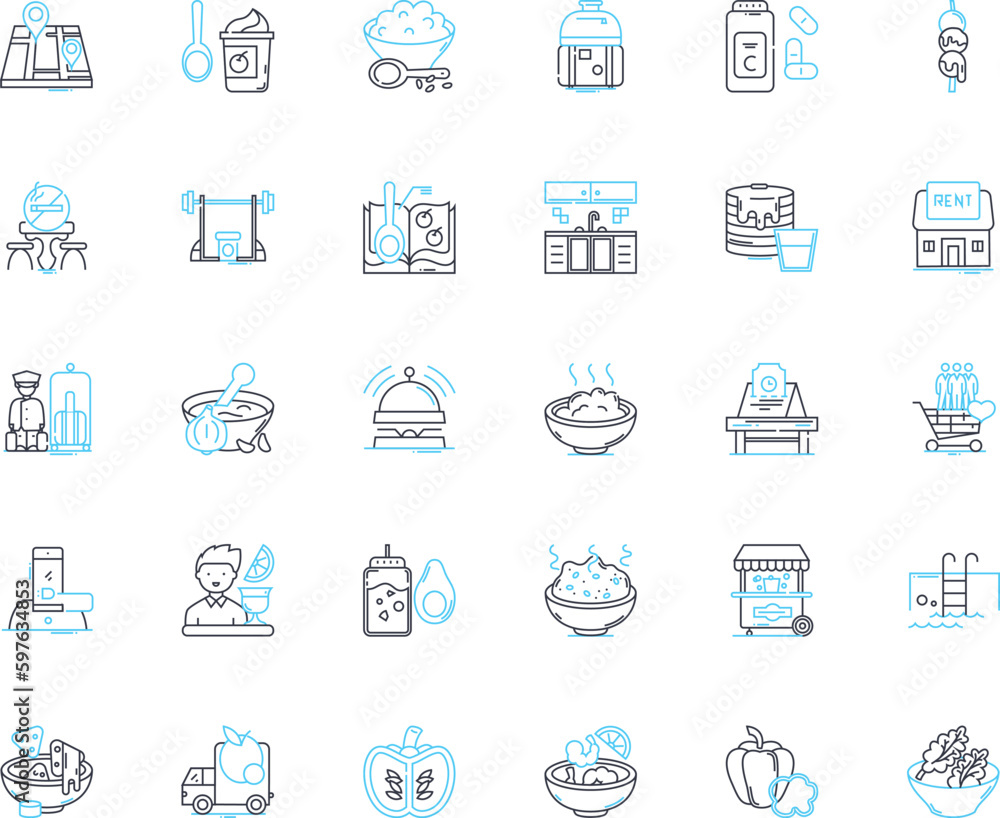 Buffet meals linear icons set. Feast, Spread, All-you-can-eat, Bountiful, Plentiful, Abundance, Buffet line vector and concept signs. Smorgasbord,Carnival,Gourmet outline illustrations Generative AI