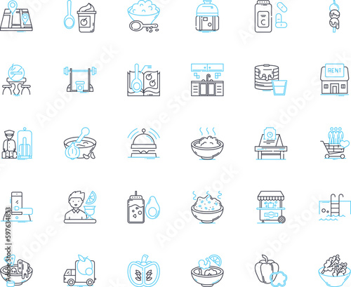 Buffet meals linear icons set. Feast, Spread, All-you-can-eat, Bountiful, Plentiful, Abundance, Buffet line vector and concept signs. Smorgasbord,Carnival,Gourmet outline illustrations Generative AI