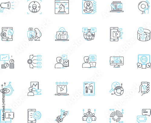 Brand outreach linear icons set. Awareness, Marketing, Engagement, Exposure, Relationship, Collaboration, Promotion line vector and concept signs. Influencer,Partnership,Nerking outline illustrations
