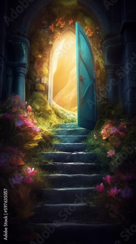 A magical doorway to a different fantasy land. Generative AI. 