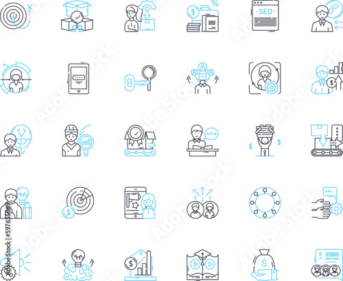 Budget tracking linear icons set. Finance, Expense, Budgeting, Accounting, Savings, My, Cost line vector and concept signs. Tracking,Planning,Analysis outline illustrations