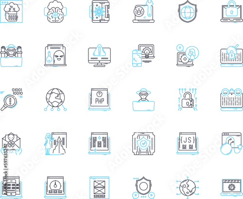 Artificial universe linear icons set. Simulation, Virtuality, Sci-fi, Digital, Synthetic, Augmented, Alternate line vector and concept signs. Illusion,Fiction,Matrix outline illustrations