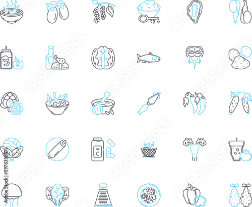 Brunch linear icons set. Pancakes, Mimosa, Waffles, Bloody Mary, Croissant, Omelette, Frittata line vector and concept signs. Pastries,Bagel,Biscuits outline illustrations
