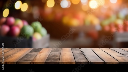 Empty wooden table top with lights bokeh on blur fruits background. Mock-up banner. Ai image