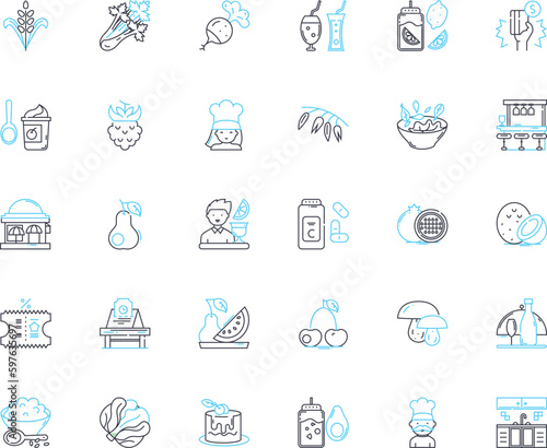 Brasserie food linear icons set. Bistro, French, Beer, Wine, Steak, Seafood, Mussels line vector and concept signs. Frites,Croque-monsieur,Escargot outline illustrations