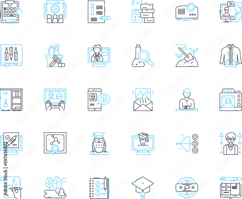 Advanced learning linear icons set. Mastery, Expertise, Adeptness, Proficiency, Sophistication, Comprehension, Fluency line vector and concept signs. Specialization,Precision,Ingenuity outline