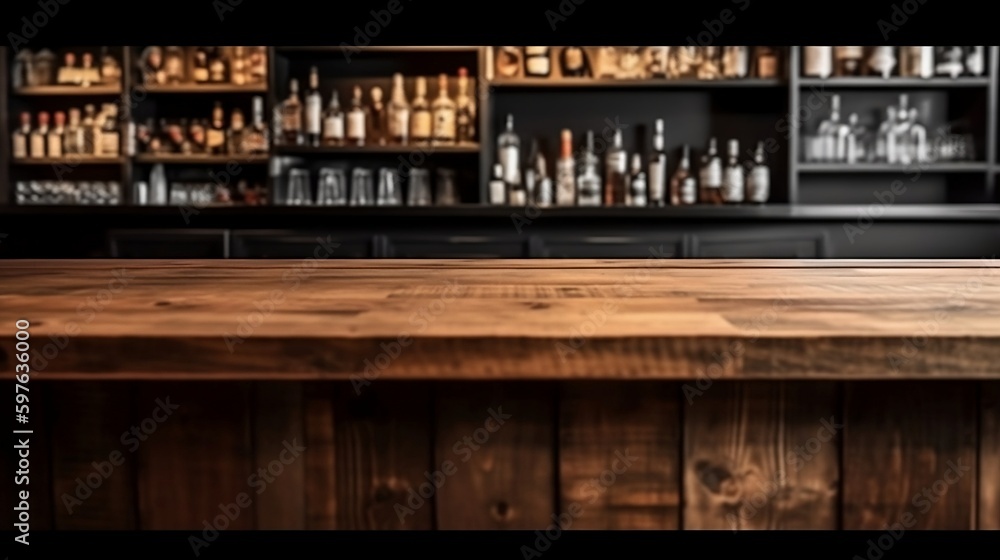 Empty wooden table top with lights bokeh on blur bar background, AI