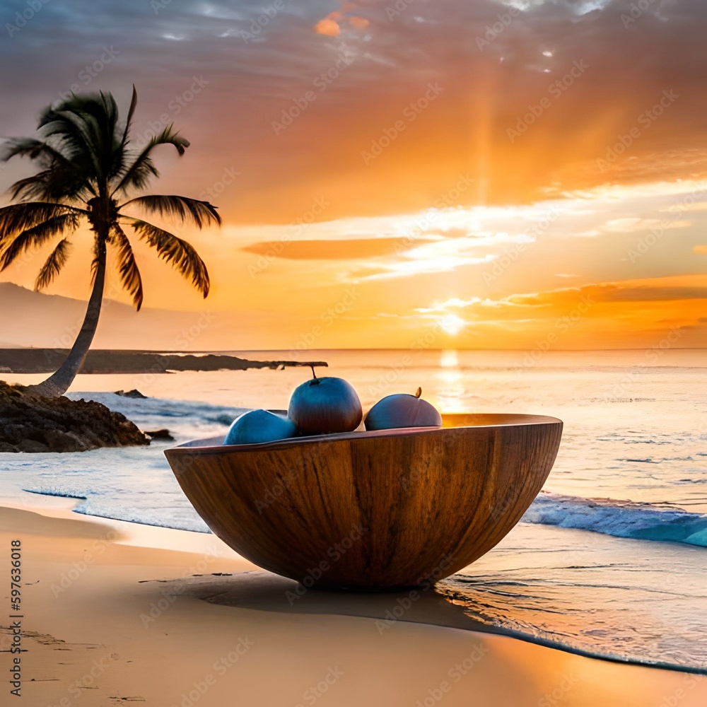 Fresh coconuts on a wooden table by the beach in summer, great for business, travel, resort themes, companies, websites, blogs etc. Ai generated image concept