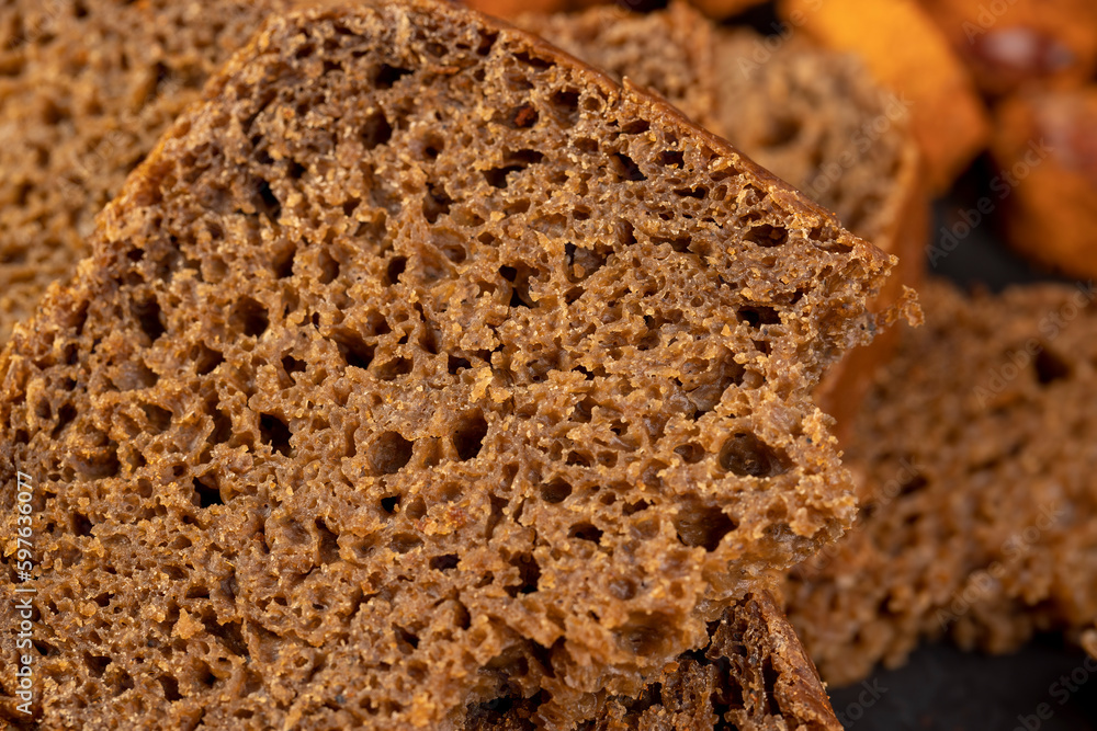 pieces of black rye bread from mixed wheat flour with rye flour pieces of black rye bread from mixed wheat flour with rye flour