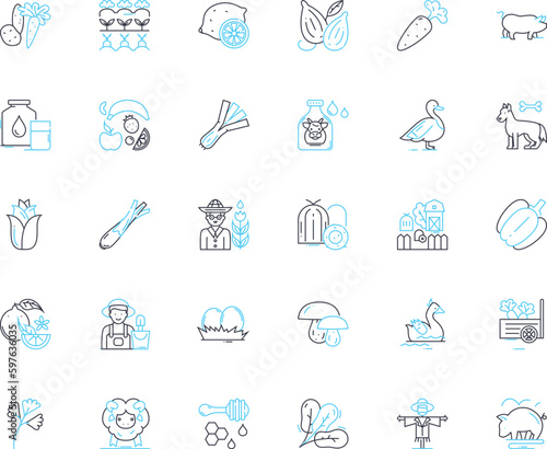 Agribusiness tools linear icons set. Harvesters, Tractors, Cultivators, Irrigation, Fertilizers, Seedlings, Greenhouses line vector and concept signs. Pesticides,Tillers,Planters outline illustrations