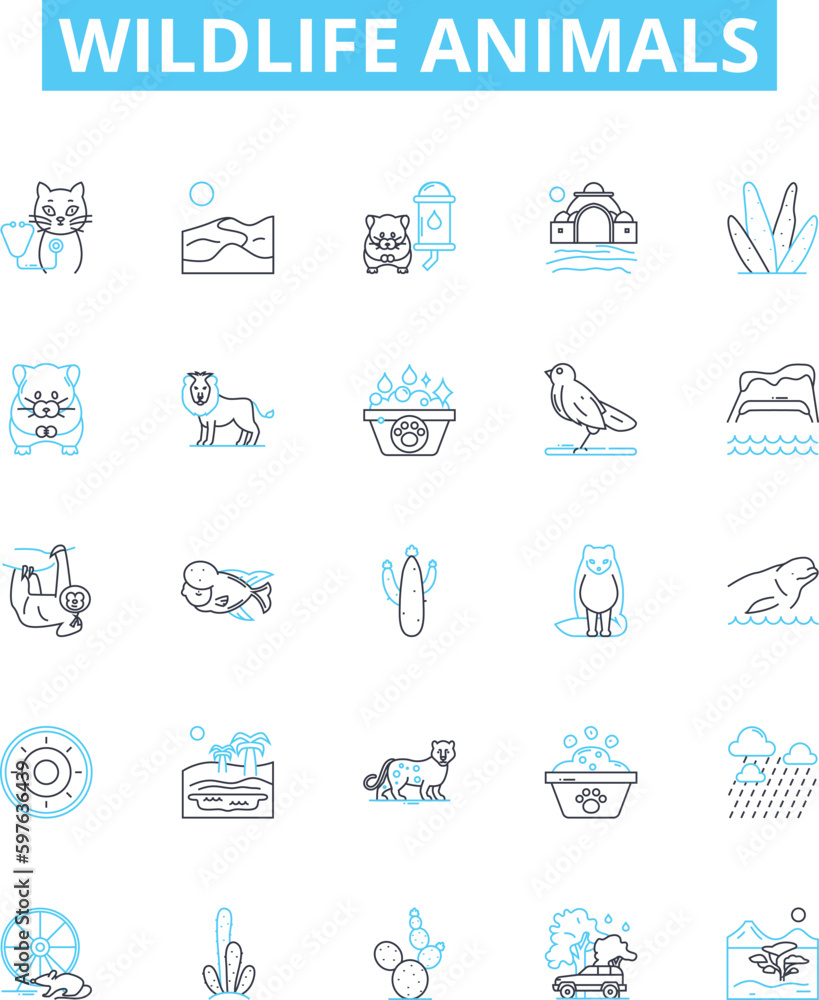 Wildlife animals vector line icons set. Animals, Wildlife, Fauna, Mammals, Birds, Reptiles, Fish illustration outline concept symbols and signs Wildlife animals vector line icons set. Animals, Wildlife, Fauna, Mammals, Birds, Reptiles, Fish illustration outline concept symbols and signs