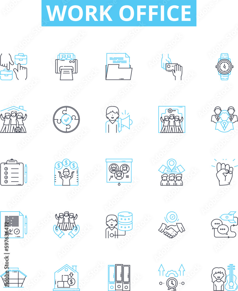 Work office vector line icons set. Workplace, Desk, Office, Computer, Chair, Printer, Scanner illustration outline concept symbols and signs Work office vector line icons set. Workplace, Desk, Office, Computer, Chair, Printer, Scanner illustration outline concept symbols and signs