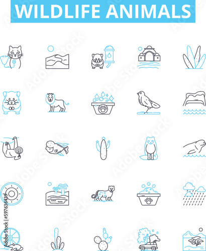Wildlife animals vector line icons set. Animals, Wildlife, Fauna, Mammals, Birds, Reptiles, Fish illustration outline concept symbols and signs