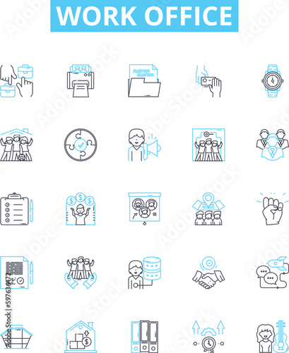 Work office vector line icons set. Workplace, Desk, Office, Computer, Chair, Printer, Scanner illustration outline concept symbols and signs