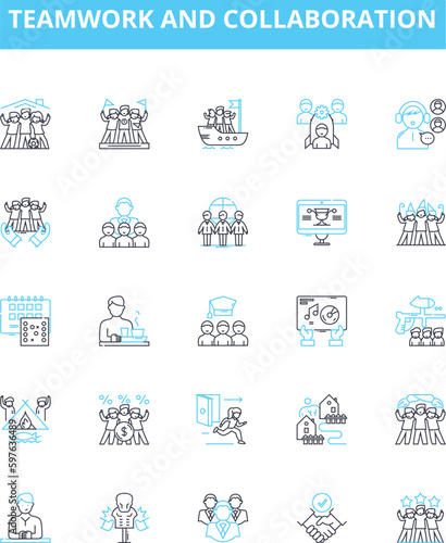 Teamwork and collaboration vector line icons set. Collaboration, Teamwork, Communicate, Cooperate, Networking, Unity, Integration illustration outline concept symbols and signs