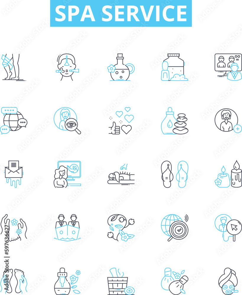 Spa service vector line icons set. Spa, Massage, Facial, Manicure, Pedicure, Sauna, Jacuzzi illustration outline concept symbols and signs