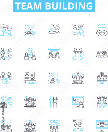 Team building vector line icons set. Collaborate, Networking, Engage, Unify, Interaction, Connect, Solidify illustration outline concept symbols and signs