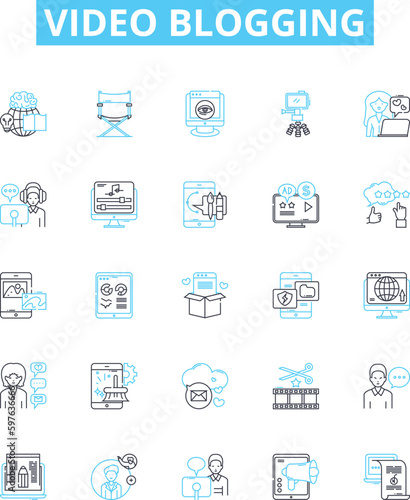 Video blogging vector line icons set. Vlogging, Videoblogging, Video-Blogging, Blogging, Videos, Stream, Youtubing illustration outline concept symbols and signs