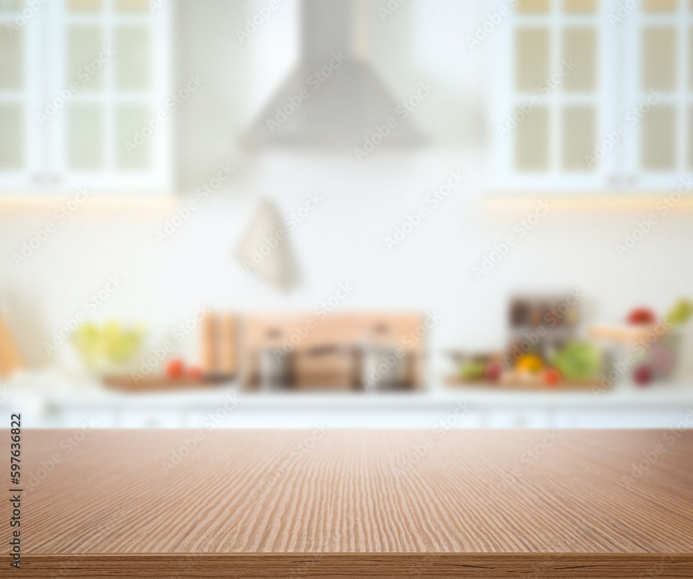 Empty wooden table in beautiful kitchen. Space for design Empty wooden table in beautiful kitchen. Space for design