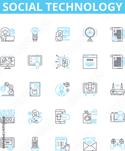 Social technology vector line icons set. social, technology, media, networking, marketing, collaboration, software illustration outline concept symbols and signs