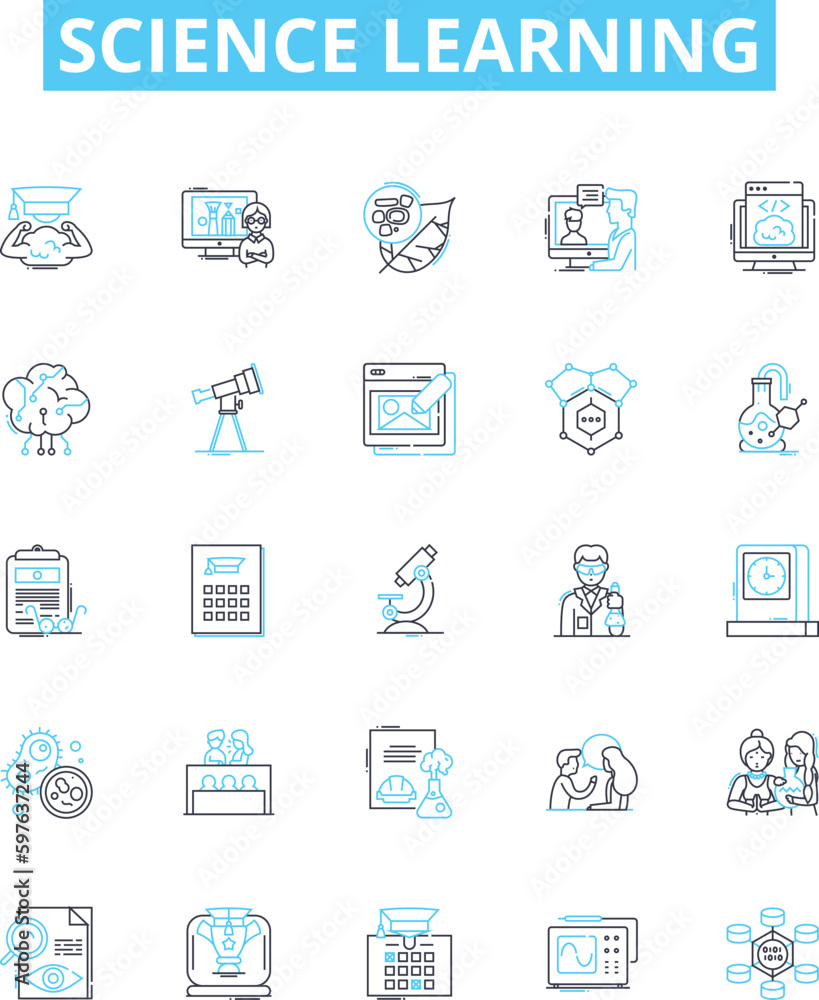 Science learning vector line icons set. Science, Biology, Chemistry, Physics, Astronomy, Earth science, Geology illustration outline concept symbols and signs
