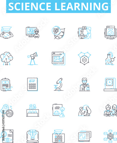 Science learning vector line icons set. Science, Biology, Chemistry, Physics, Astronomy, Earth science, Geology illustration outline concept symbols and signs