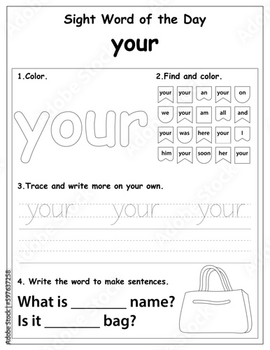 Sight words educational worksheet for preschool and primary school learning, coloring activities for children, preschool activities