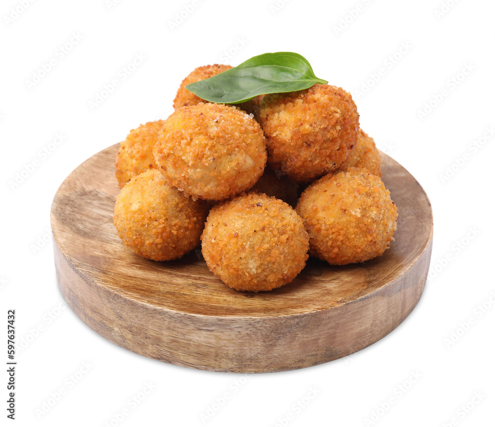 Wooden tray with delicious fried tofu balls and basil on white background Wooden tray with delicious fried tofu balls and basil on white background