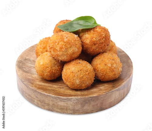 Wooden tray with delicious fried tofu balls and basil on white background