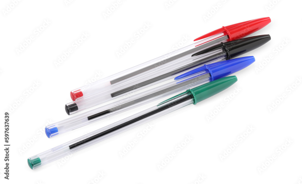 New color plastic pens isolated on white, top view