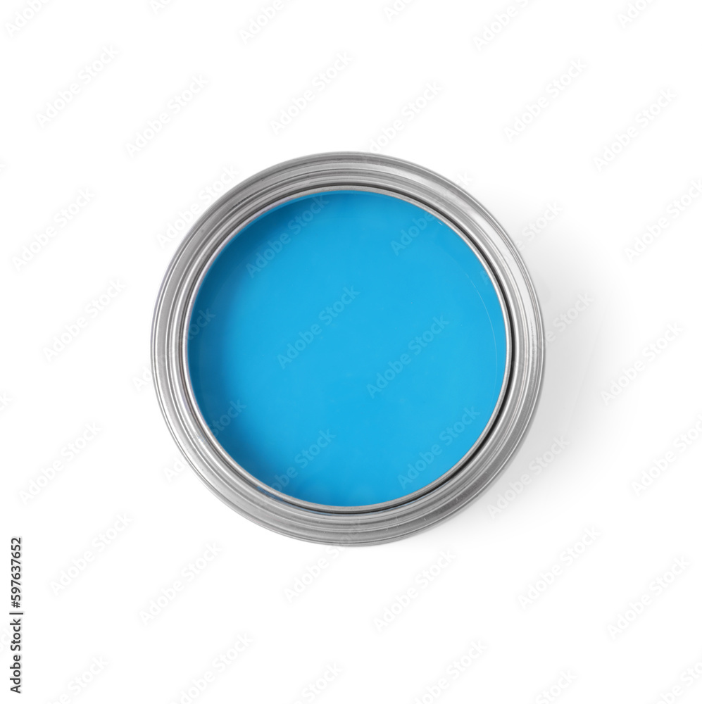 Can with light blue paint on white background, top view Can with light blue paint on white background, top view
