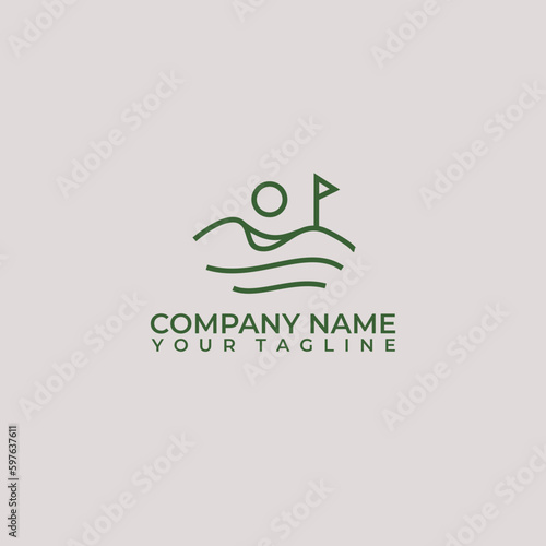 Golf field logo vector. With flag in hills of outdoor land field.