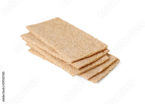 Stack of fresh crunchy rye crispbreads on white background
