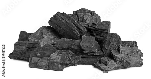 Heap of coal isolated on white. Mineral deposits