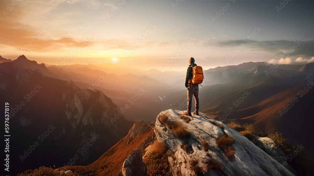 hiker on top of mountain, sunset, realistic, AI-generated, three dimensional, colorful, nature 