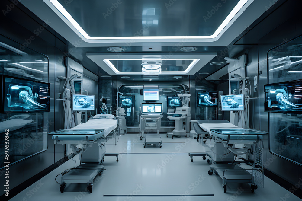 Operating room in the hospital of the future. Blu filter. Generation AI Operating room in the hospital of the future. Blu filter. Generation AI