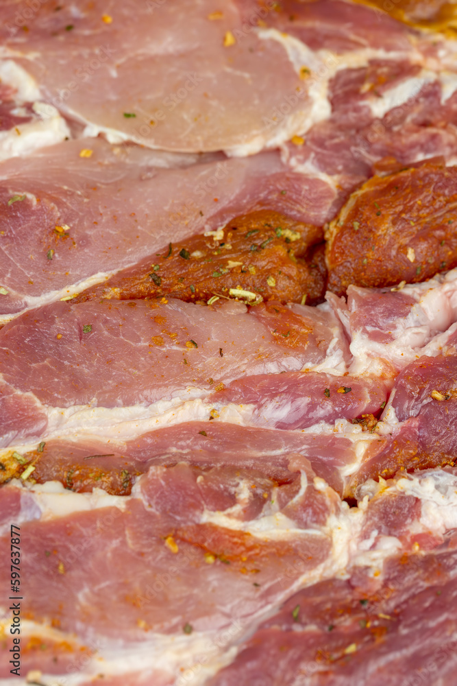 Pork meat pieces marinated with spices and salt Pork meat pieces marinated with spices and salt